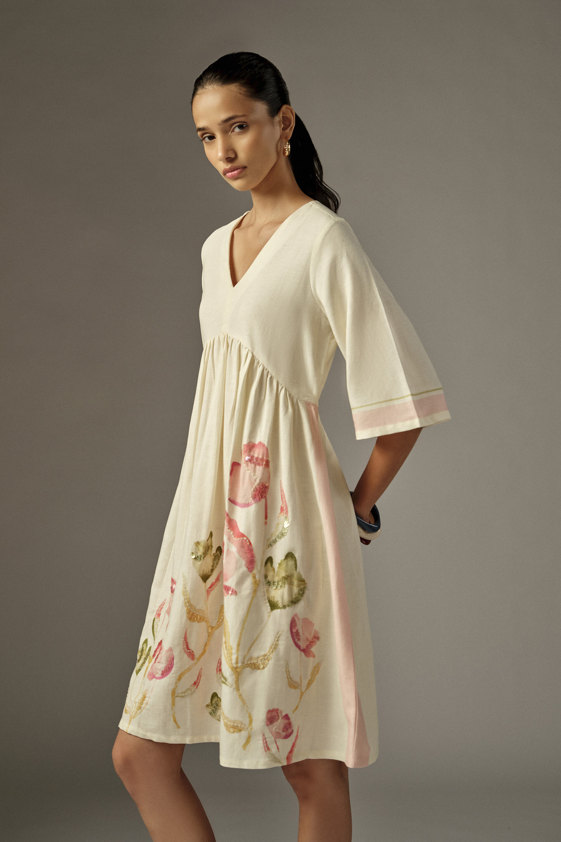 Floral Sequin Mini Dress in Cream, White, image 2